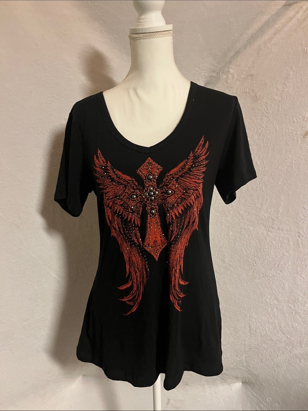 Black V-Neck Women's Tee with Red Winged Cross Graphic